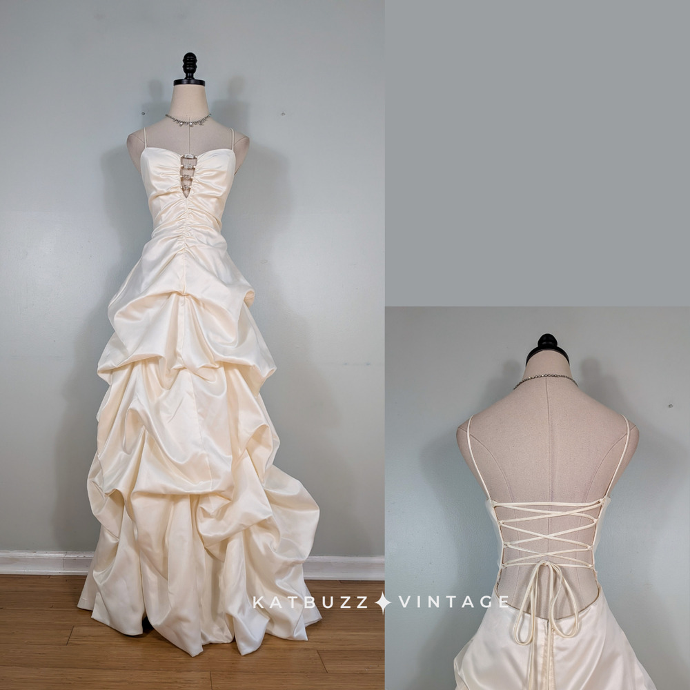 Vintage Prom Dress Maxi Gown M 10 Cream Corset Y2K Princess Bride Glam Wedding